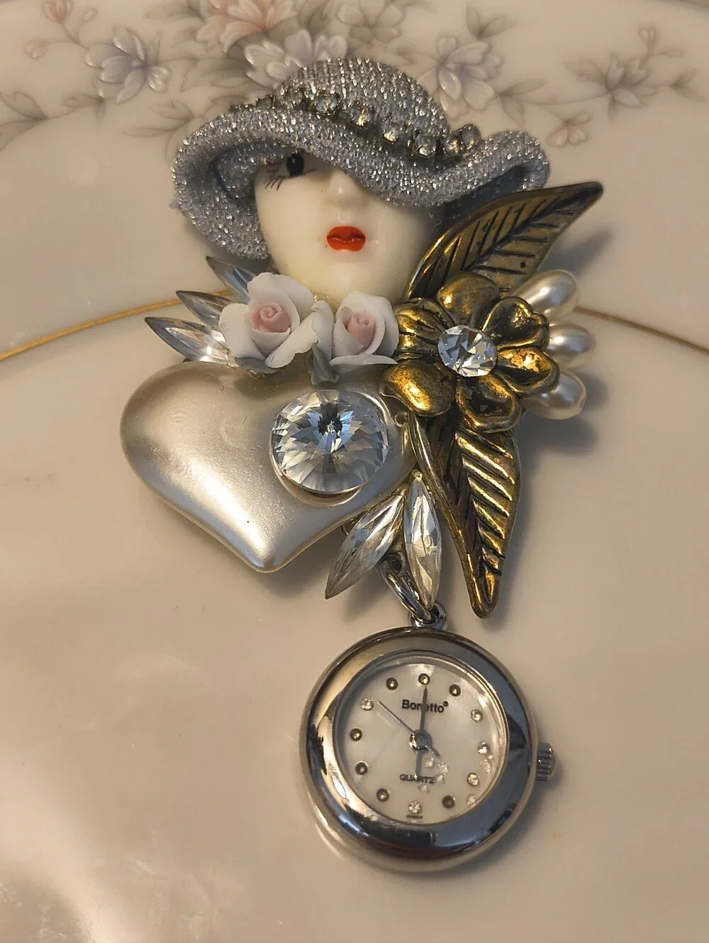Vtg 80s Art Deco Silver Tone Lady Bonetto Watch Brooch Multicolor W/ Rhinestones